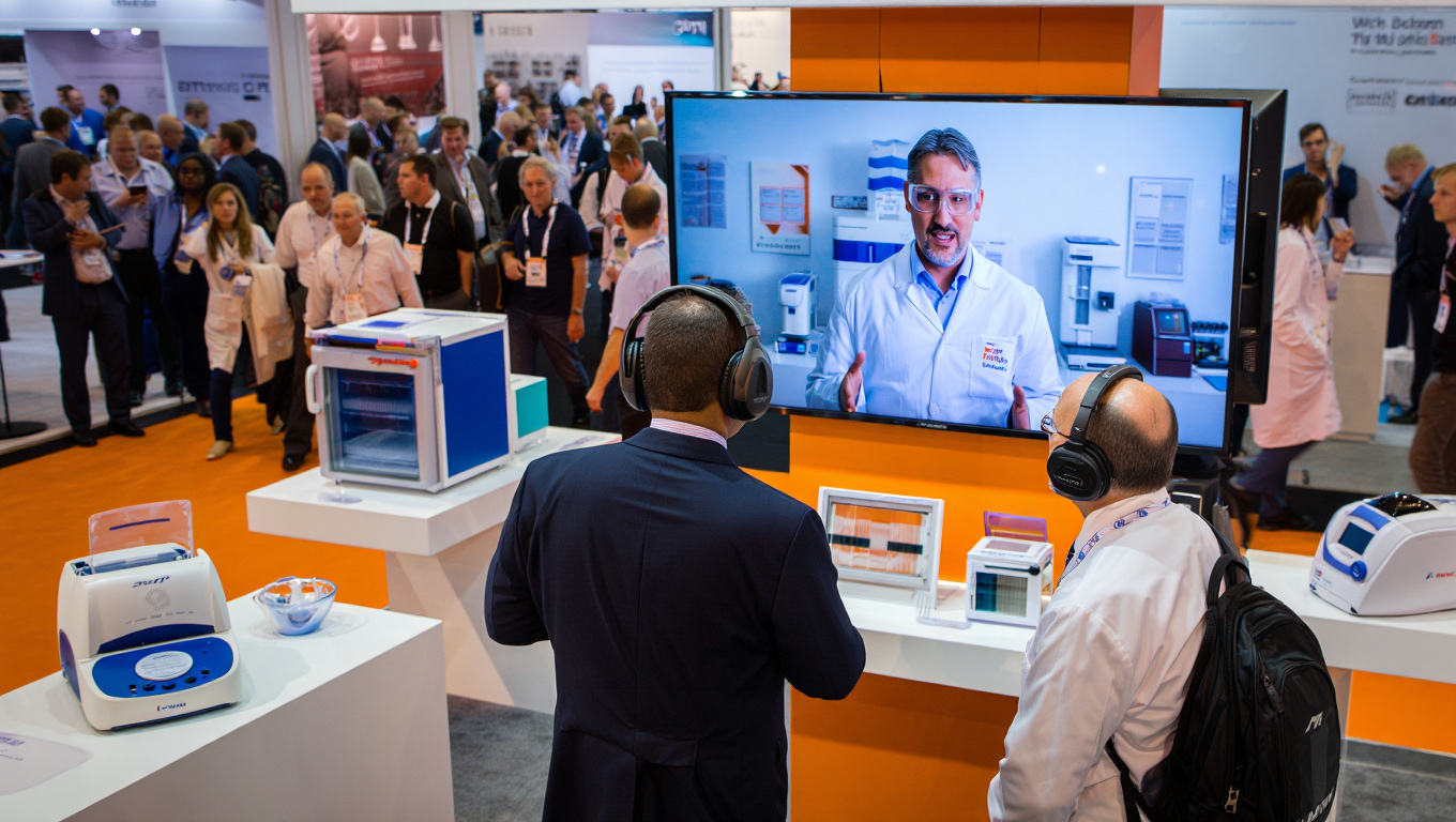 Pharmaceutical show visitors interacting with a lab technician through Video Window Event