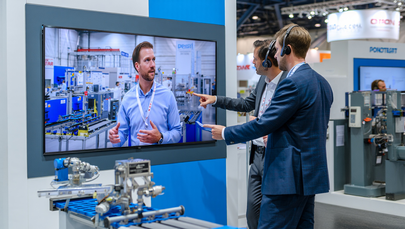 Large screen at an exhibition stand showing a live video tour of a remote showroom